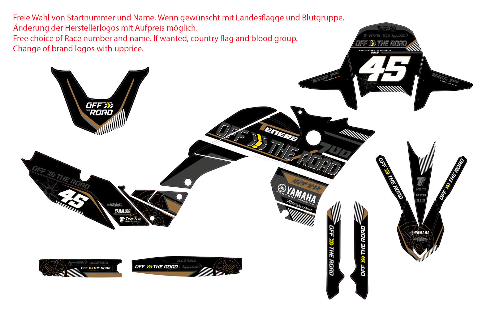 Dekorsatz OFF-THE-ROAD Tenere 700, hoher original Kotflügel, Startnummer und Name nach Wunsch