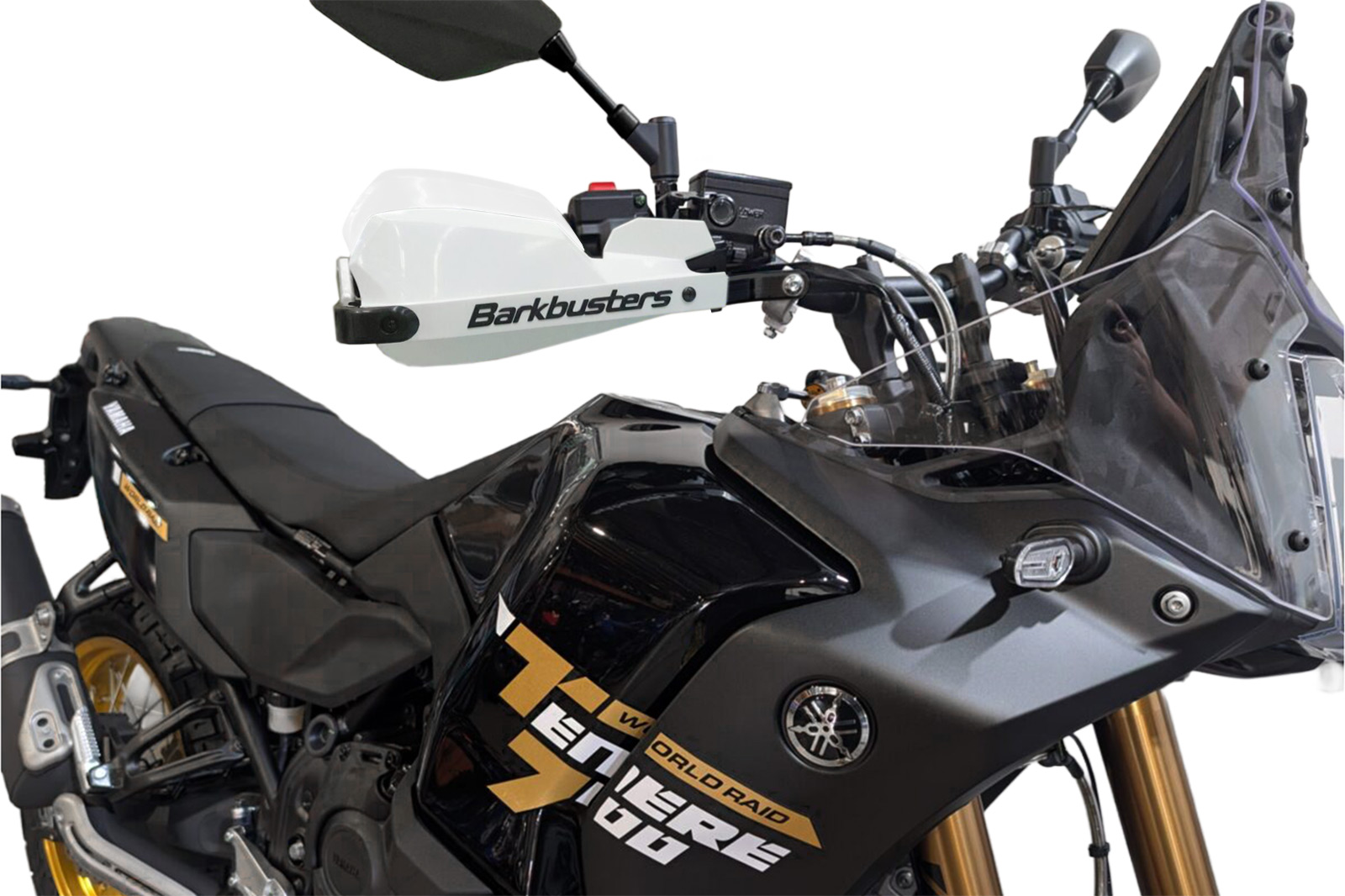 Motorrad, Handprotektoren, Windschutzscheibe, schwarz-graue Verkleidung, Goldakzente