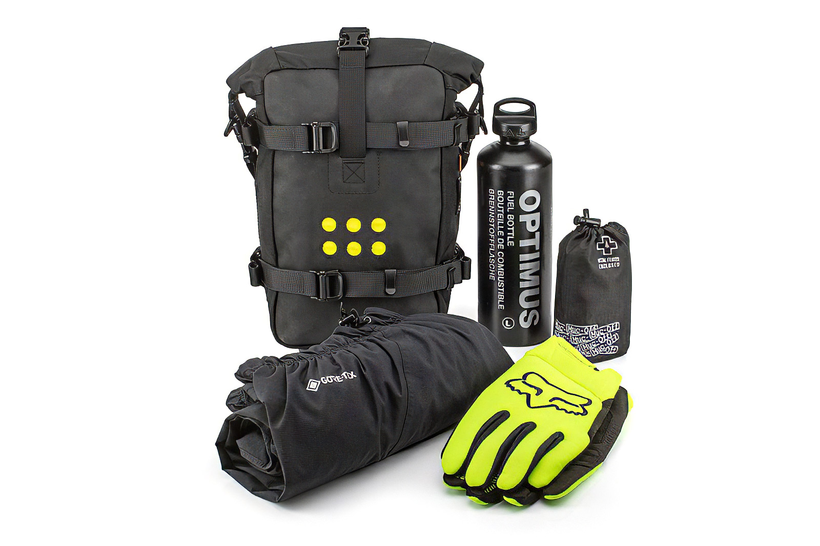 Taktischer Rucksack, Wasserflasche, Handschuhe, Drybag, Rolltop-Rucksack
