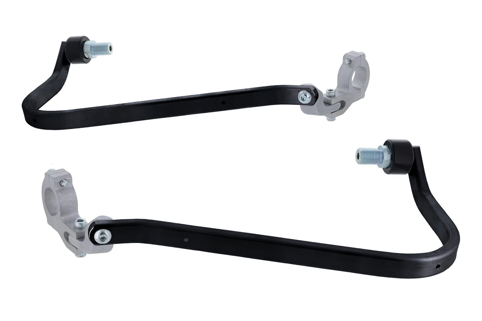 Motorrad-Handschutz, schwarze Schutzbügel, Metallhalterungen, Lenkerbefestigung, Motorrad-Handprotektoren, Lenker-Schutzbügel, schwarzes Metall, Aluminiumklemmen