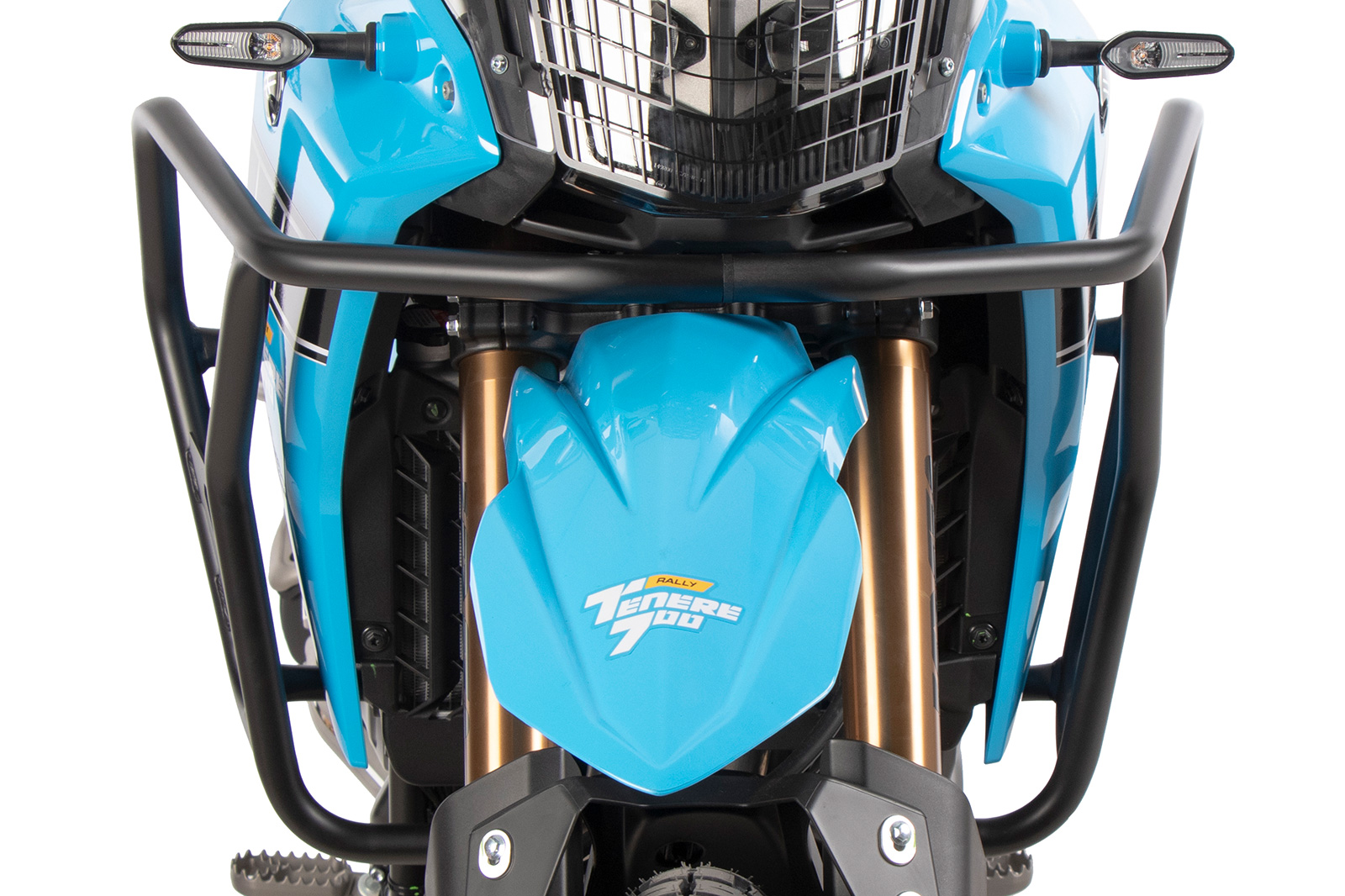 Motorrad, Sturzbügel, blaue Verkleidung, LED-Blinker, Frontschutzgitter
