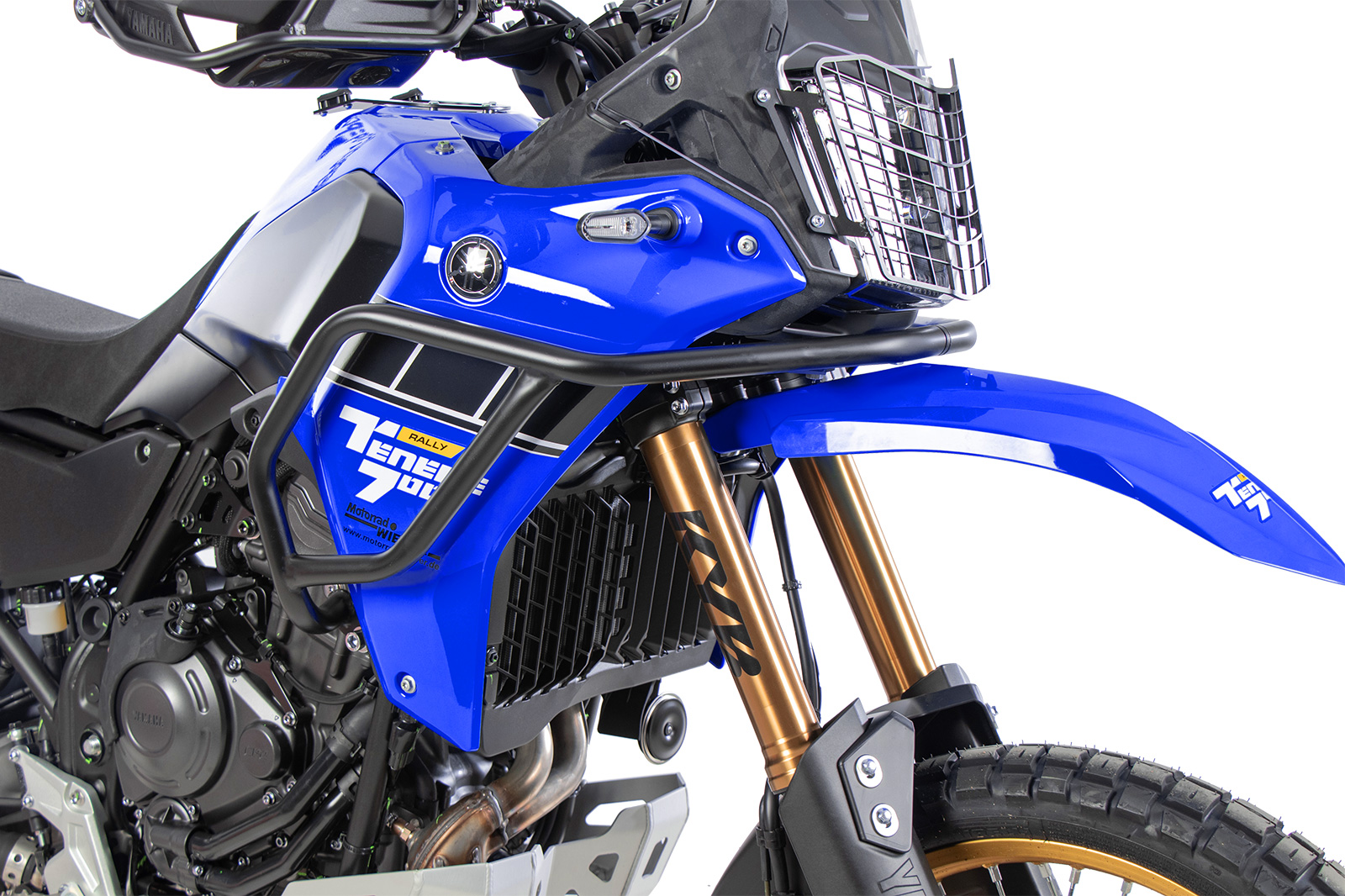 Adventure-Motorrad, türkisblau, Sturzbügel, Frontschutzgitter, goldene Gabel, Motorrad, blau, Offroad-Motorrad, Sturzbügel, Gepäckkorb