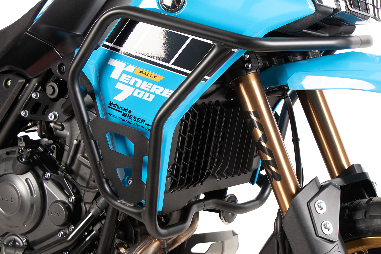 Motorrad, Sturzbügel, Kühlergrill, türkise Verkleidung, goldene Gabel